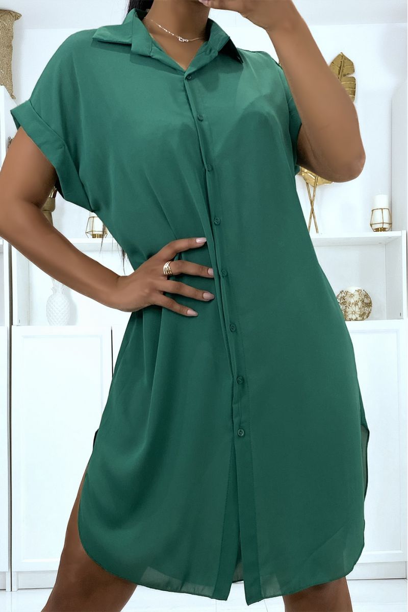 Long green shirt in falling crepe material with slit - 6