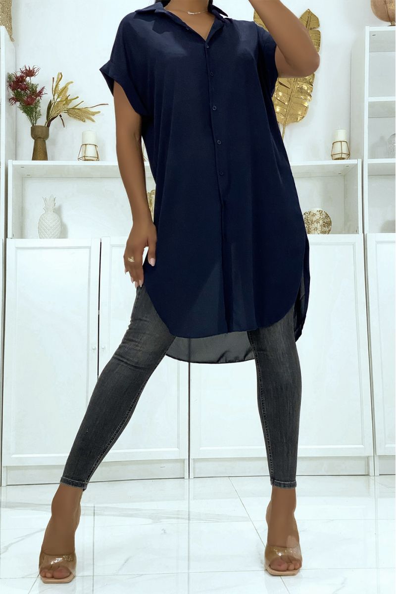 Long navy shirt in drooping crepe material with slit - 4