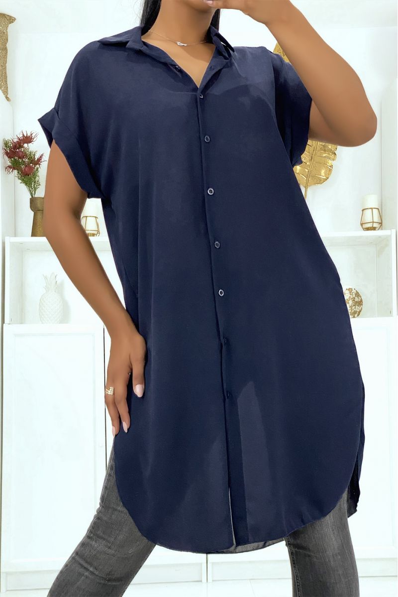 Lang marineblauw overhemd van hangend crêpemateriaal met split - 7