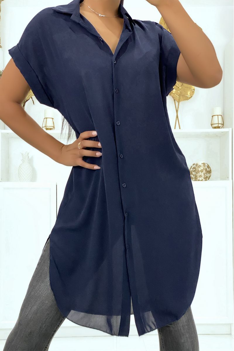 Long navy shirt in drooping crepe material with slit - 8