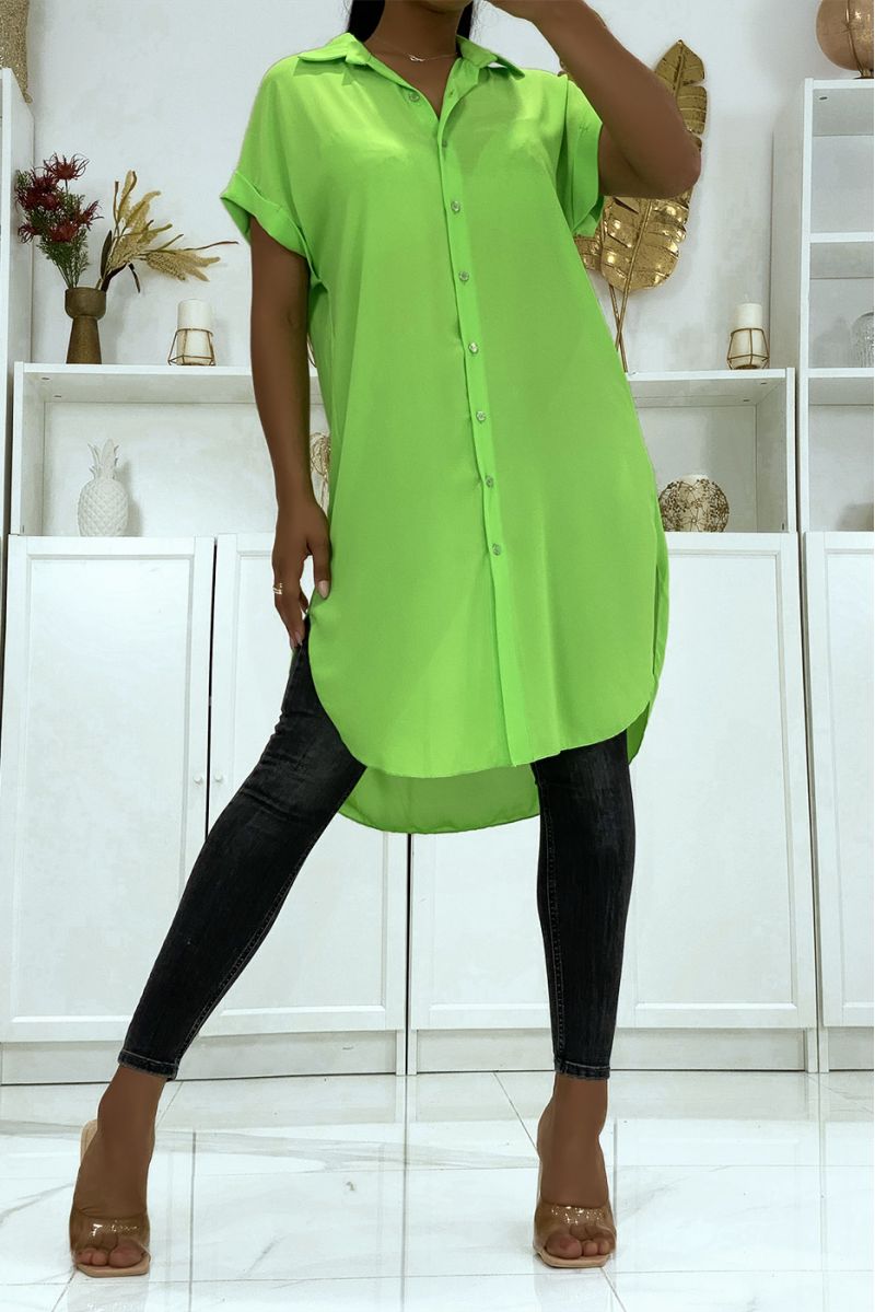Long anise green shirt in drooping crepe material with slit - 1