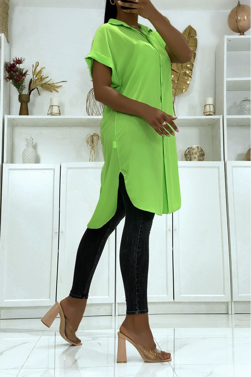 Long anise green shirt in drooping crepe material with slit - 2