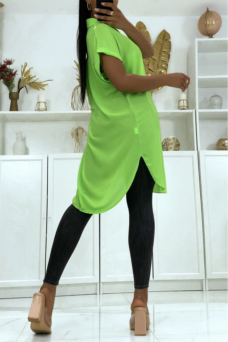 Long anise green shirt in drooping crepe material with slit - 3