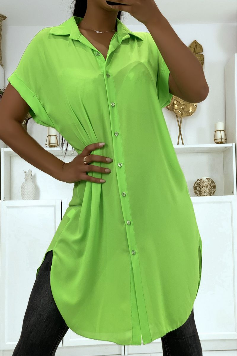 Long anise green shirt in drooping crepe material with slit - 4