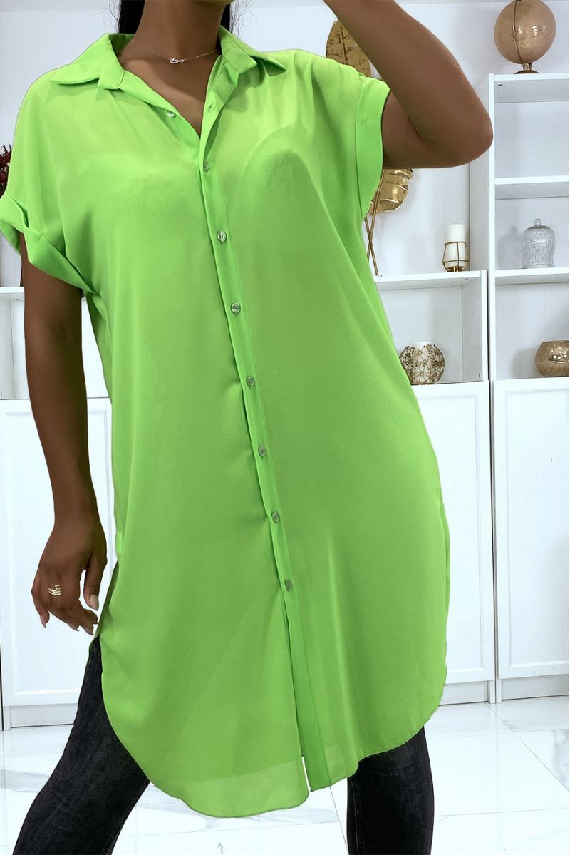 Longue chemise vert anis en matière crêpe tombante avec fente - 5