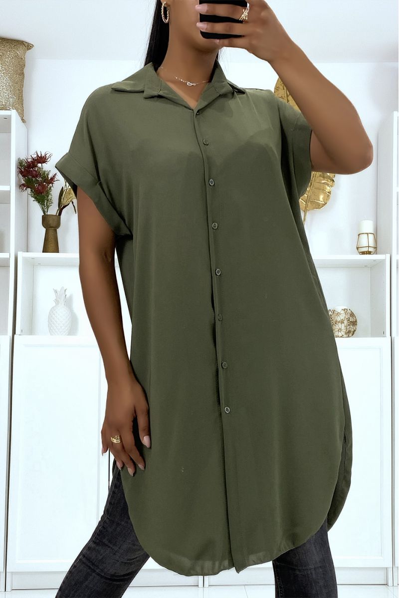 Long khaki shirt in drooping crepe material with slit - 4