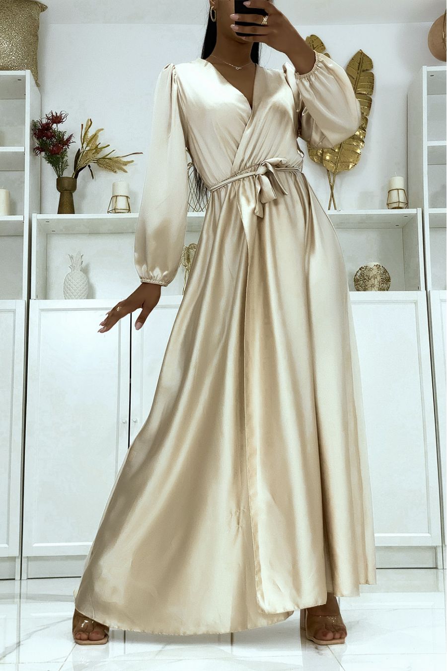 Long beige satin heart crossover dress - 1