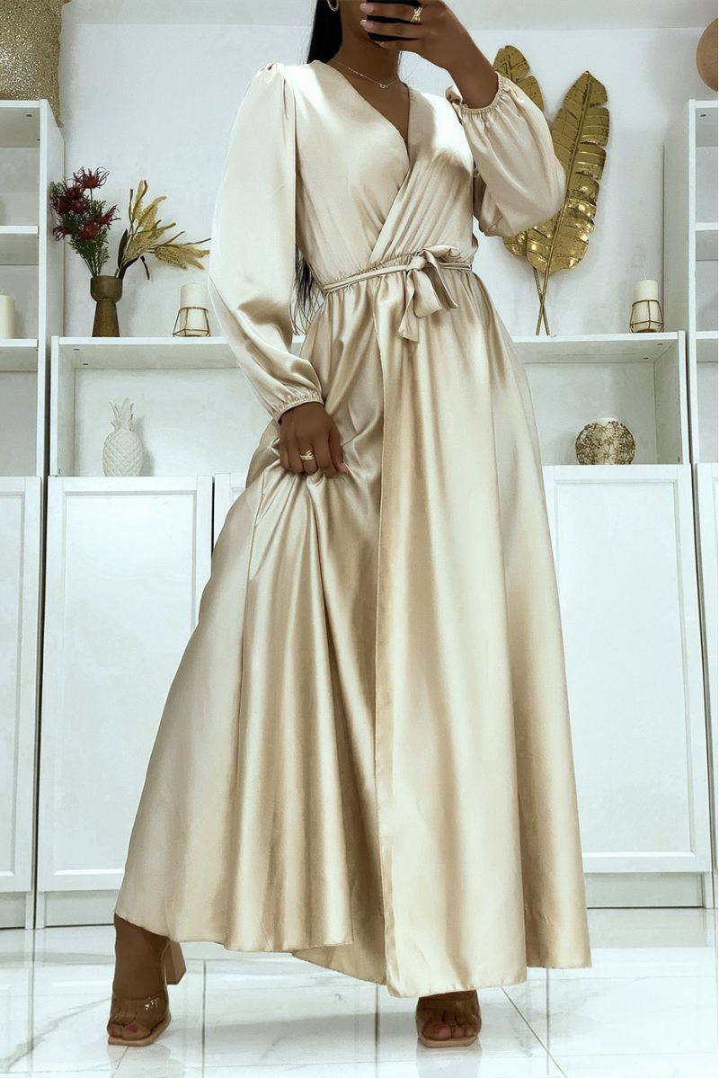 Long beige satin heart crossover dress - 2