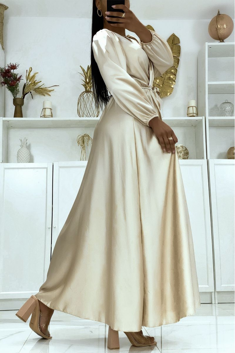 Long beige satin heart crossover dress - 3