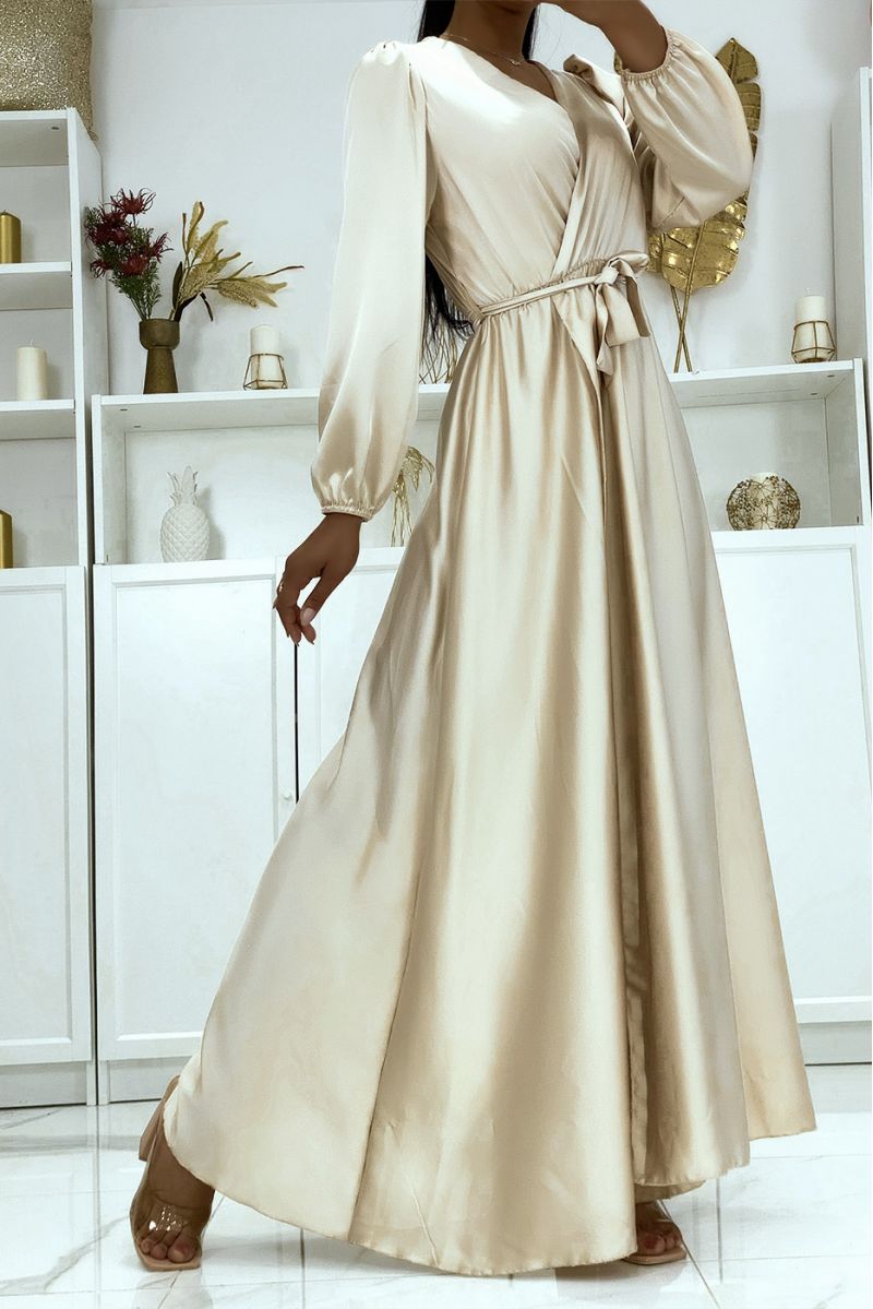 Long beige satin heart crossover dress - 4