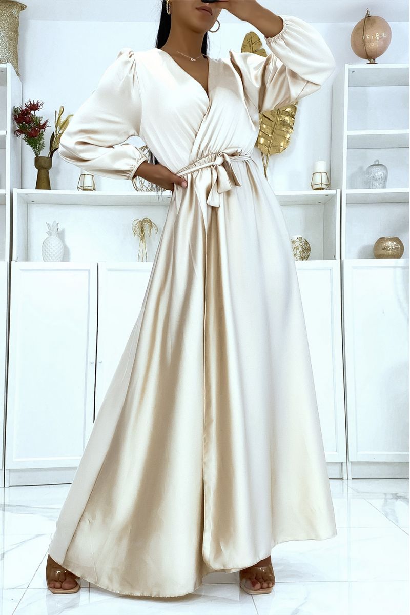 Long beige satin heart crossover dress - 5