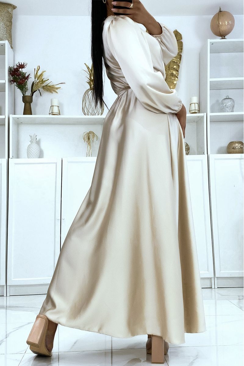Long beige satin heart crossover dress - 6