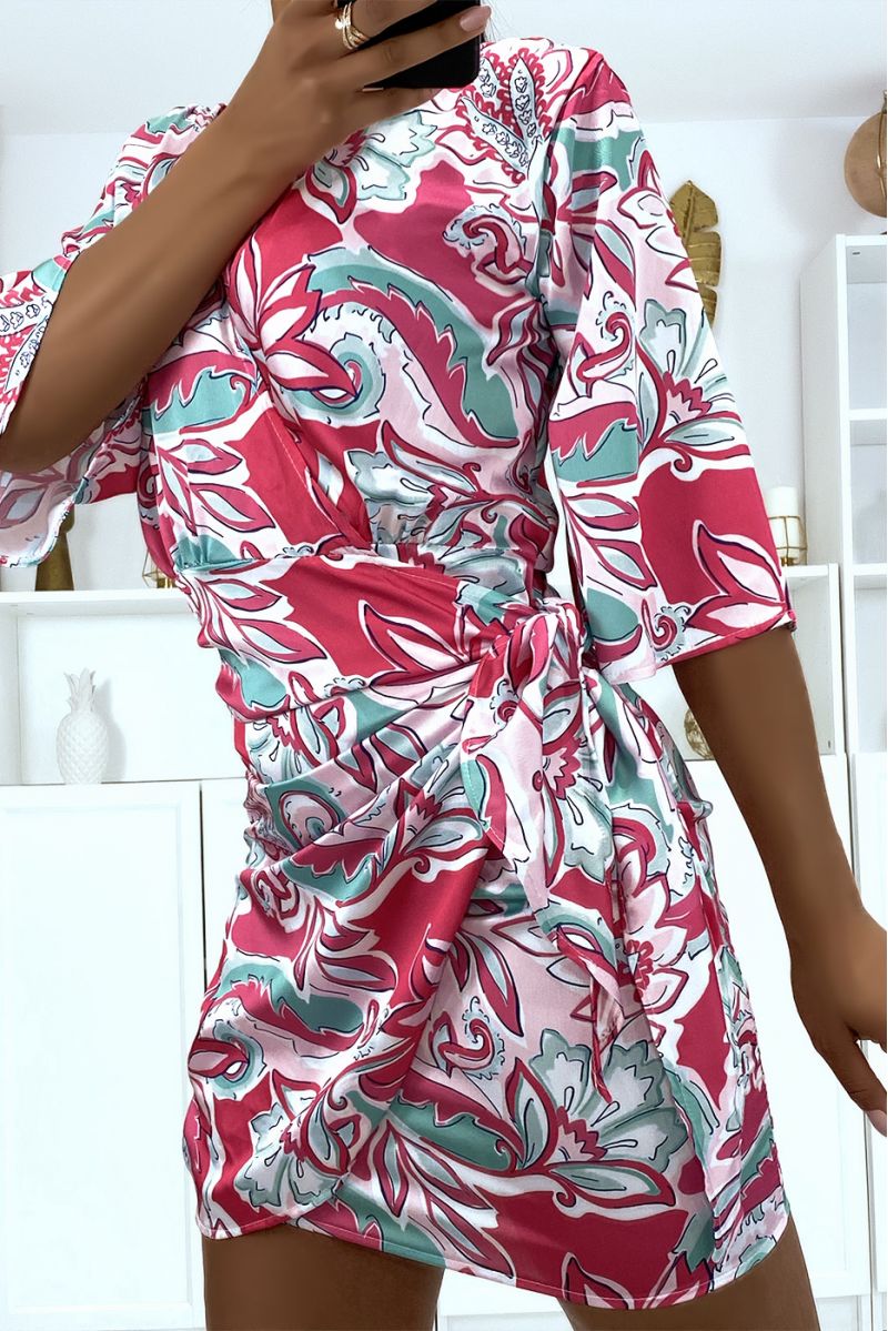 Pink satin wrap dress with pretty pattern - 4