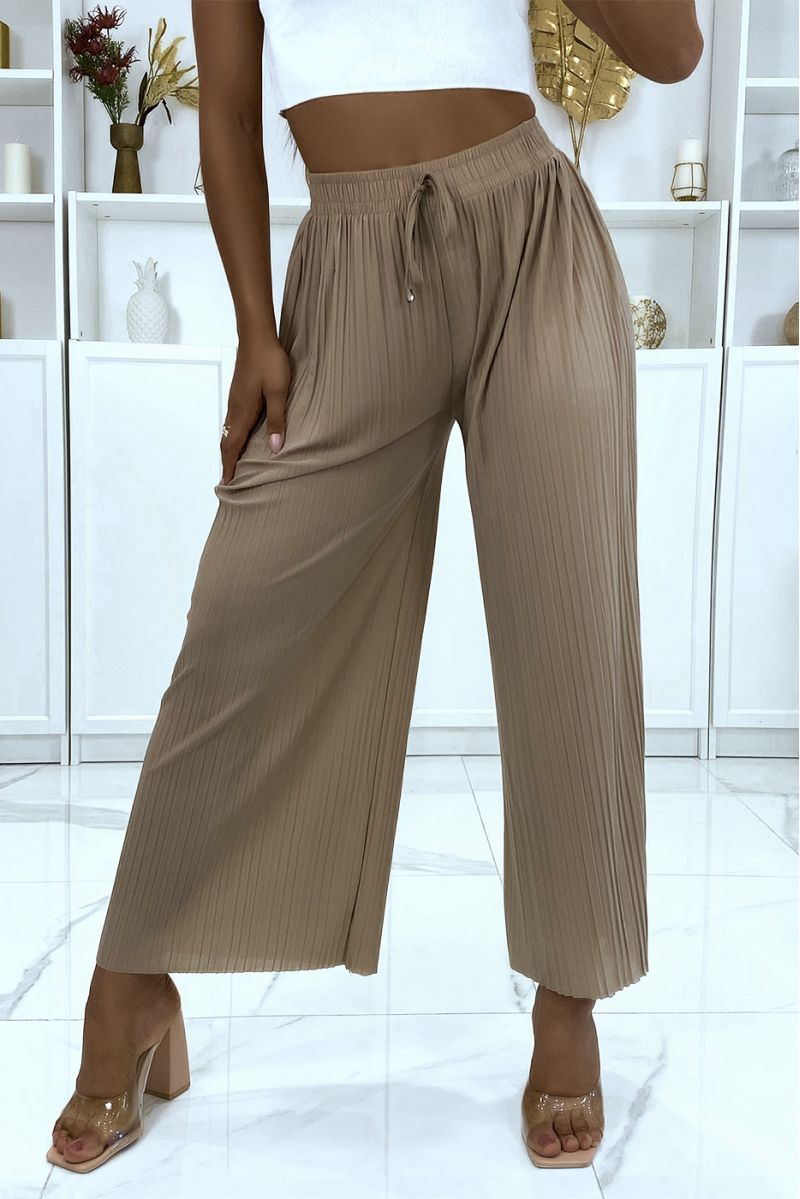 Trendy taupe pleated palazzo pants - 1