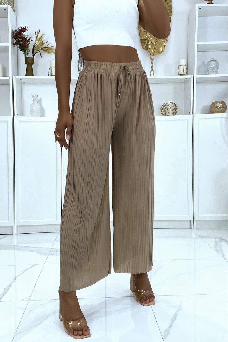Trendy taupe pleated palazzo pants - 3