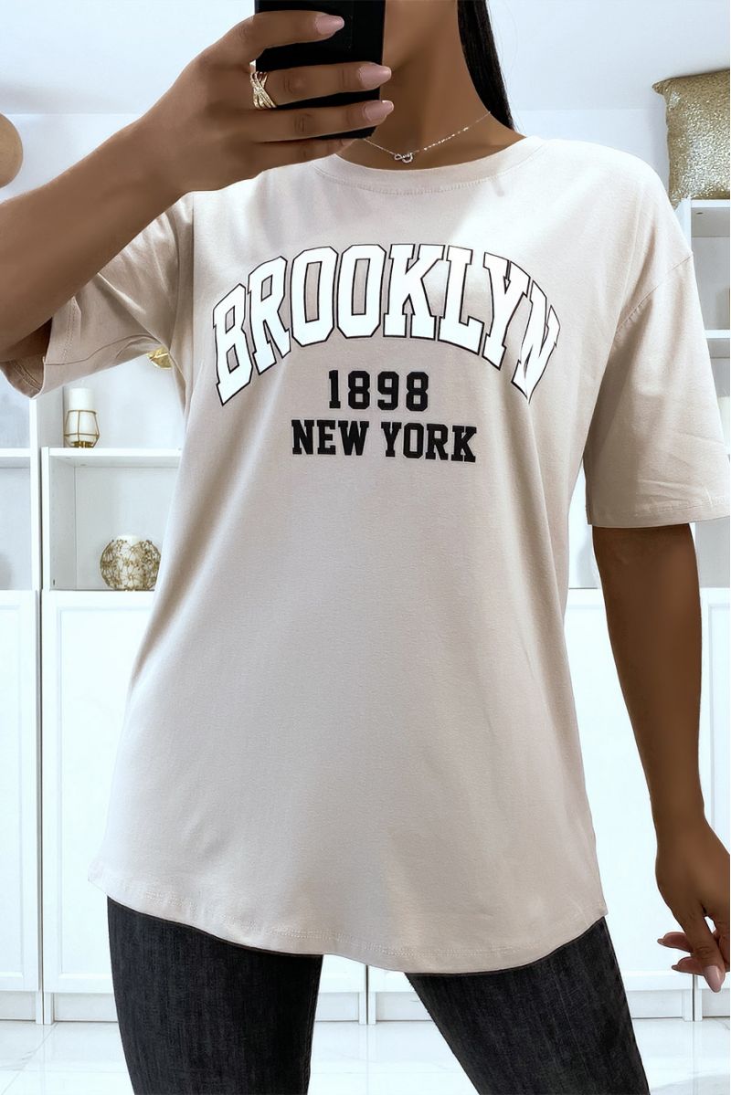 Oversized beige T-shirt with Brooklyn 1998 writing - 1