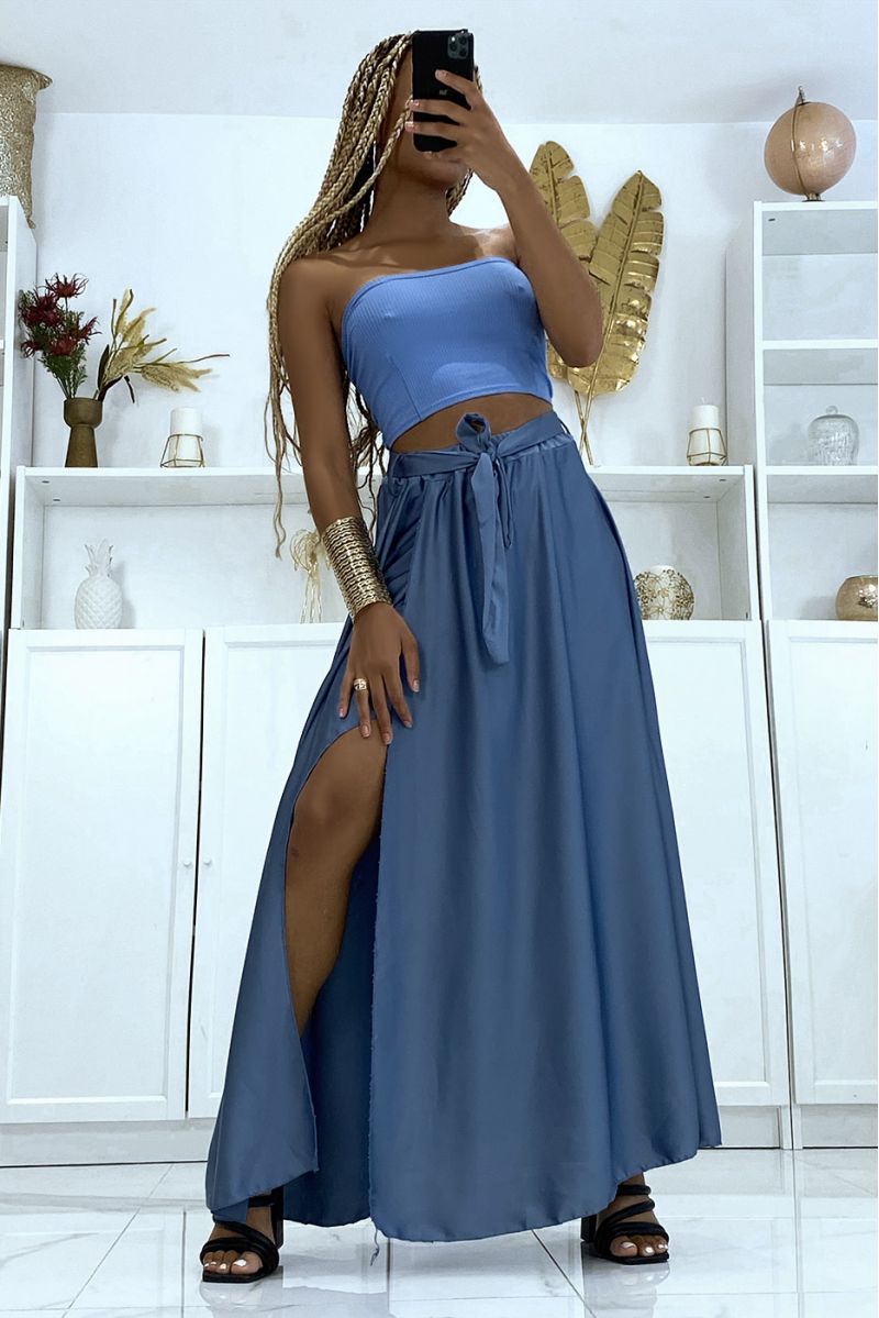 Long satin skirt with slit in indigo - 1 Long satin skirt with slit in indigo - 1