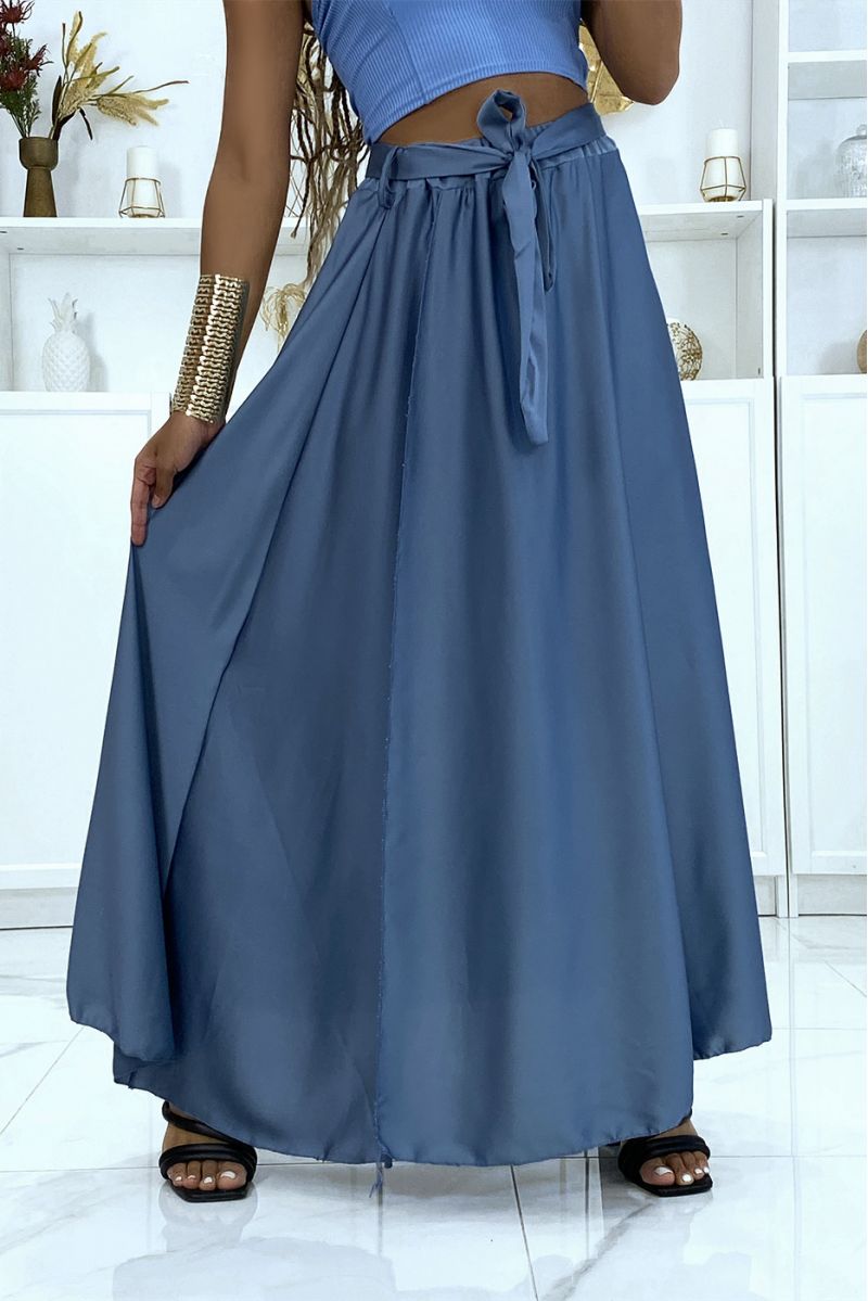 Long satin skirt with slit in indigo - 2 Long satin skirt with slit in indigo - 2