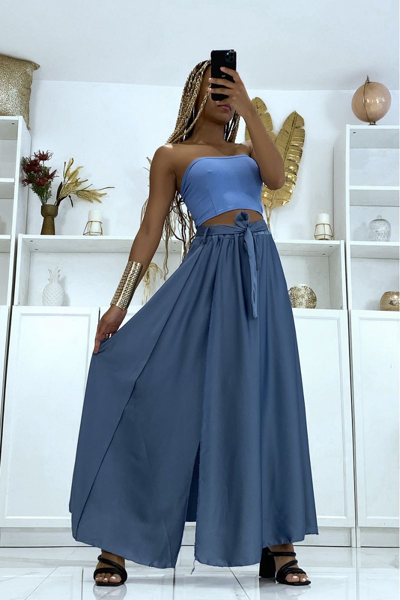 Long satin skirt with slit in indigo - 3 Long satin skirt with slit in indigo - 3