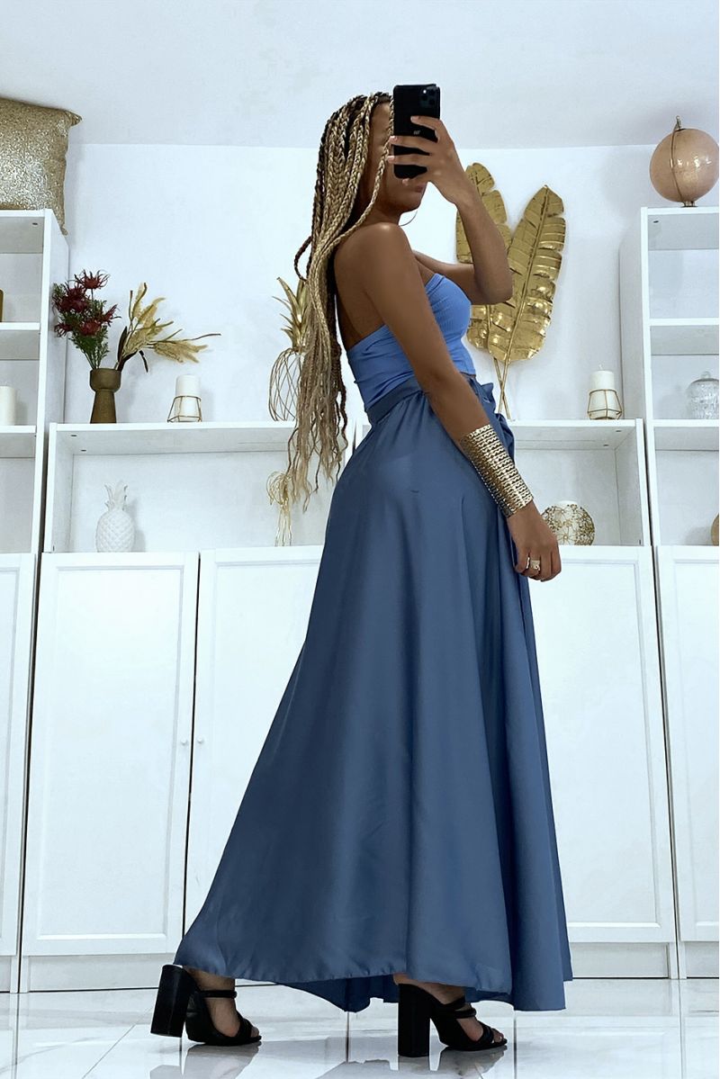 Long satin skirt with slit in indigo - 4 Long satin skirt with slit in indigo - 4