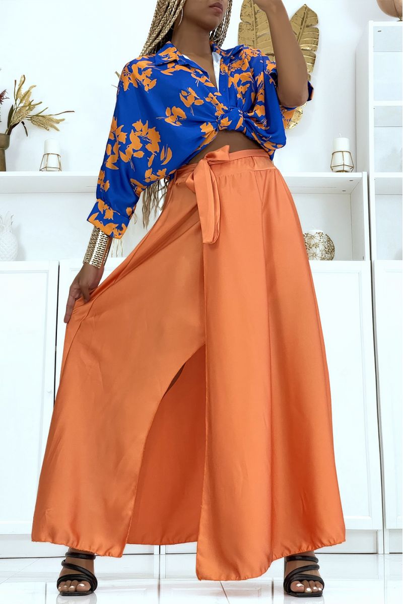 Long satin skirt with slit in orange - 1 Long satin skirt with slit in orange - 1