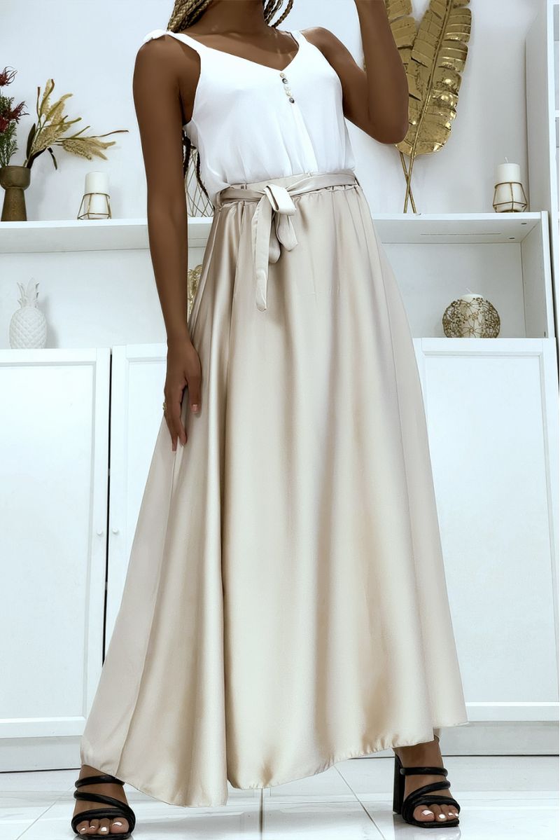 Long satin skirt with slit in beige - 1 Long satin skirt with slit in beige - 1
