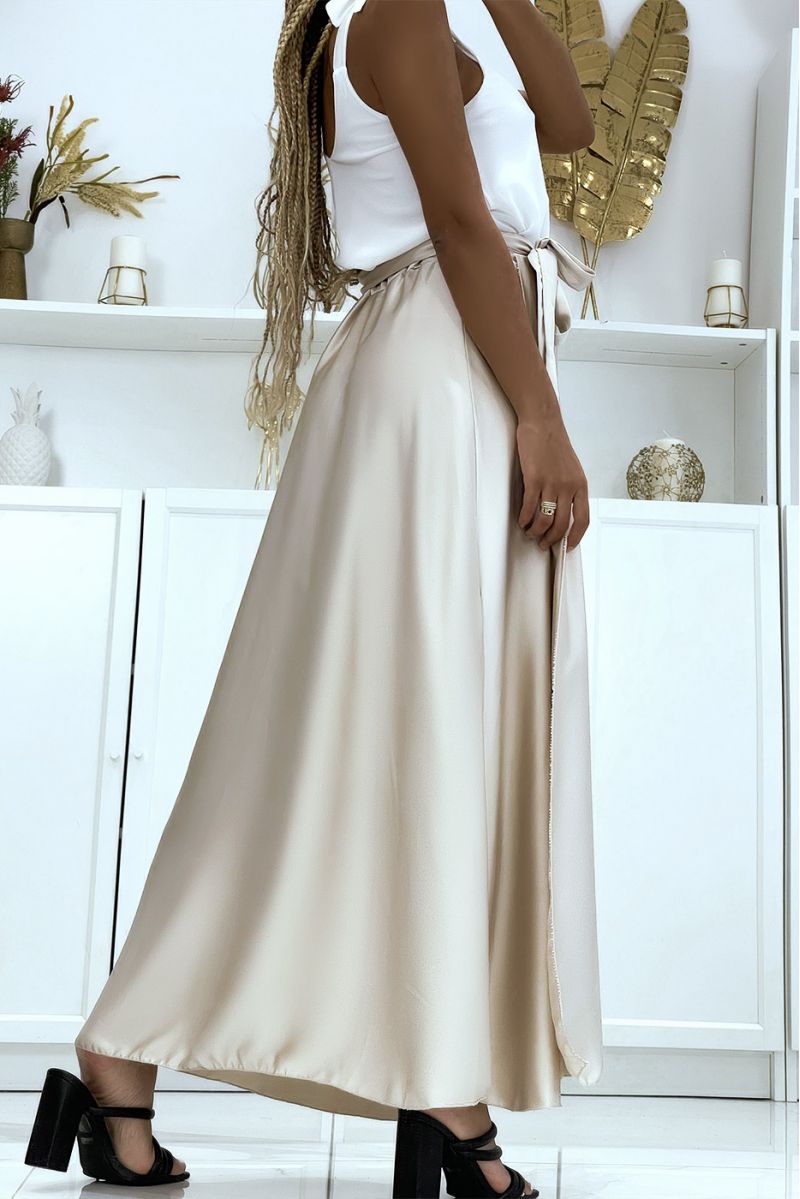 Long satin skirt with slit in beige - 2 Long satin skirt with slit in beige - 2
