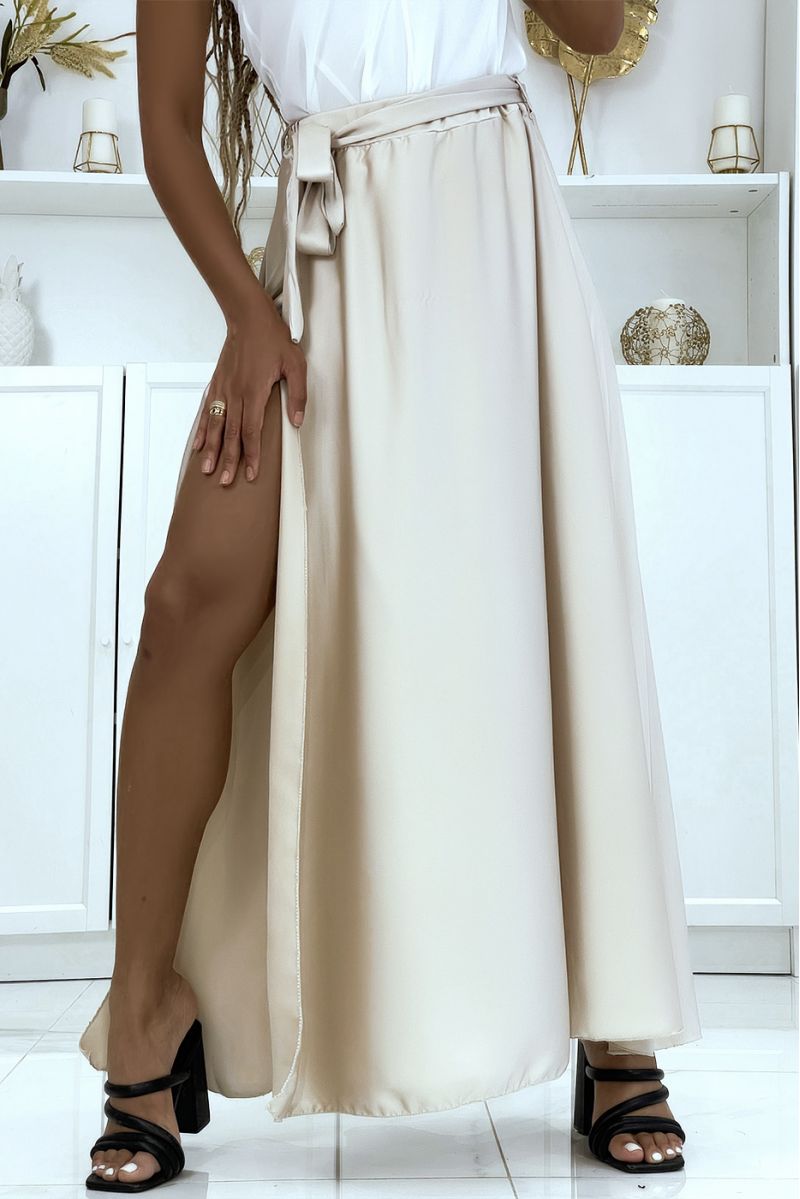 Longue jupe satiné avec fente en beige - 3 Longue jupe satiné avec fente en beige - 3