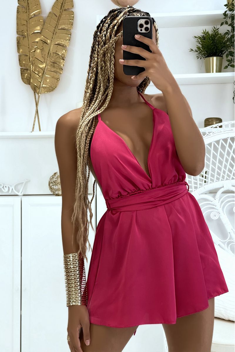 Fuchsia satin playsuit with tie and belt - 1