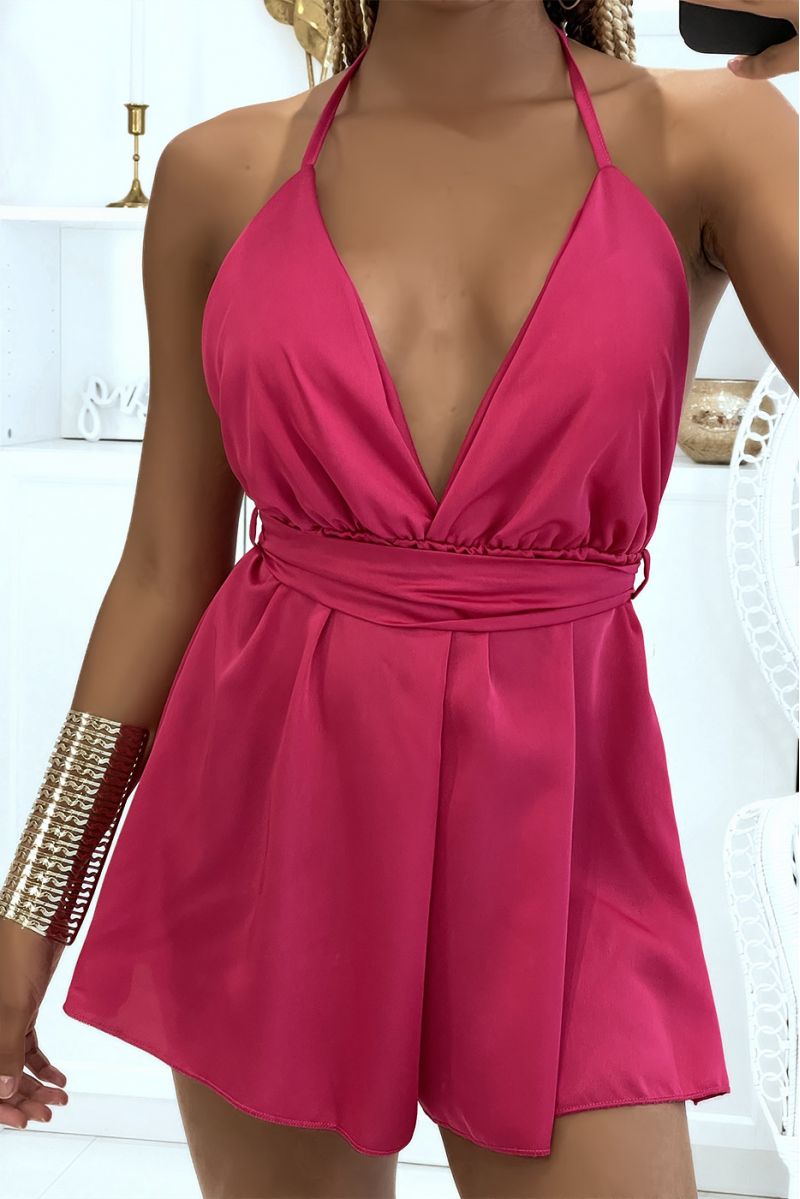 Fuchsia satin playsuit with tie and belt - 3