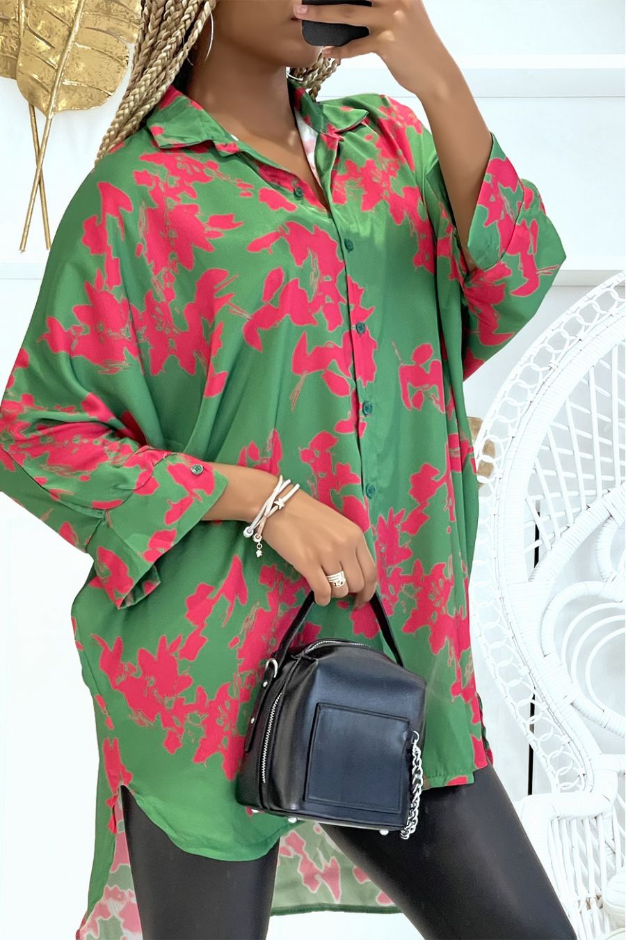 chemise over size satiné avec joli motif vert  - 3
