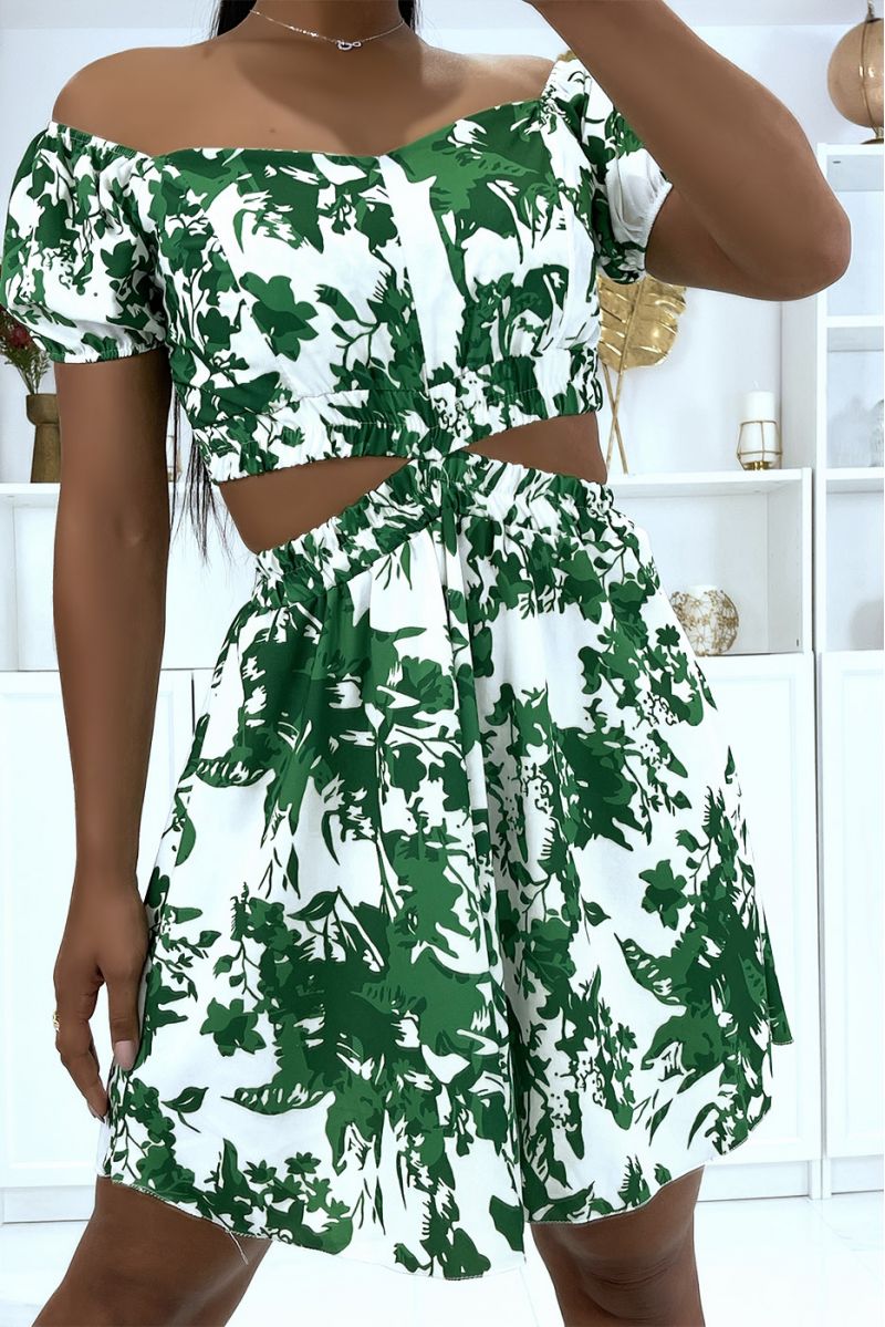Jolie robe patineuse à motif vert avec ouverture sur les côtés - 1