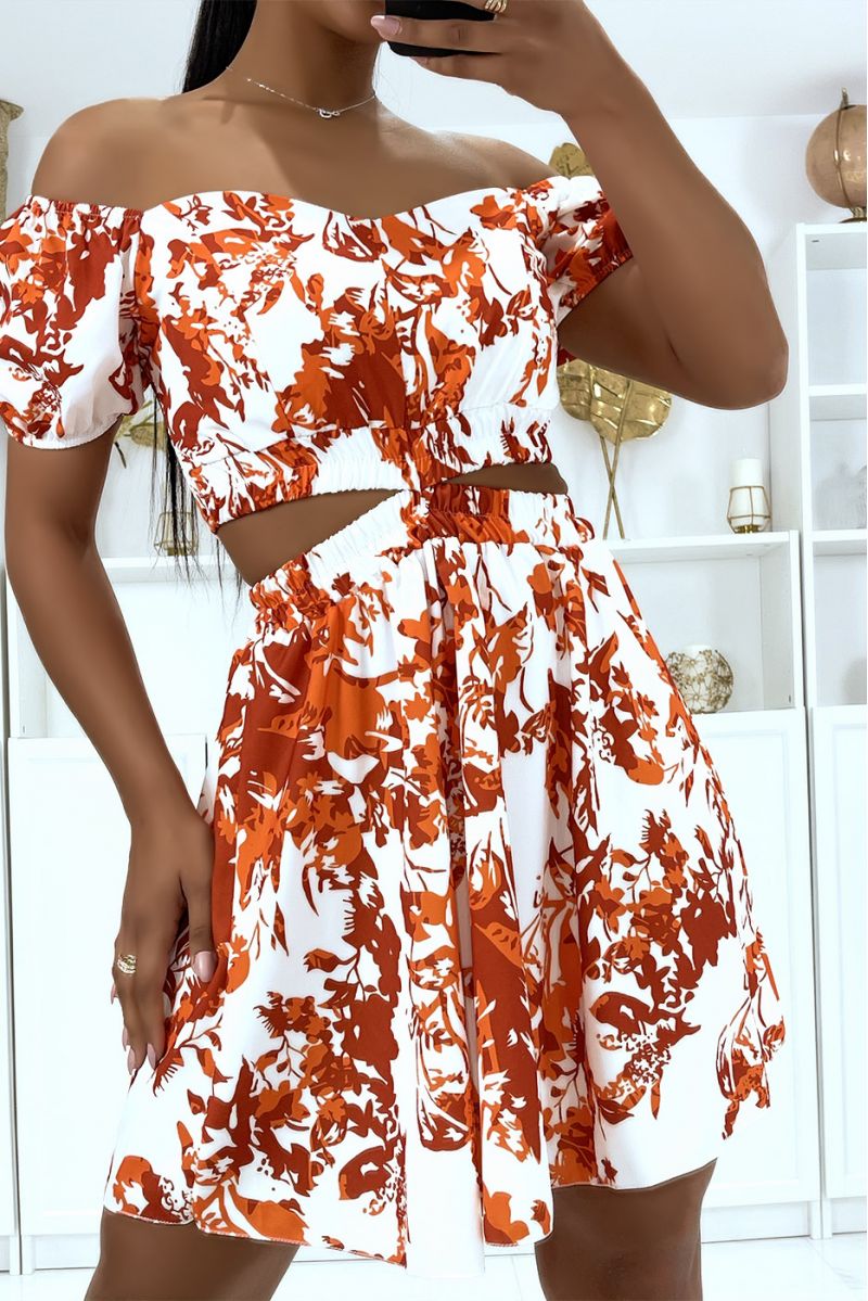 Jolie robe patineuse à motif orange avec ouverture sur les côtés - 1
