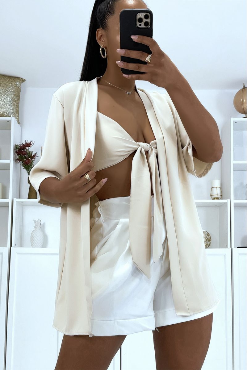 2 in 1 beige cardigan with integrated bow headband - 2