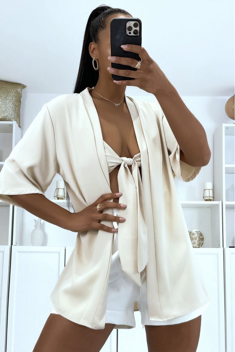 2 in 1 beige cardigan with integrated bow headband - 3