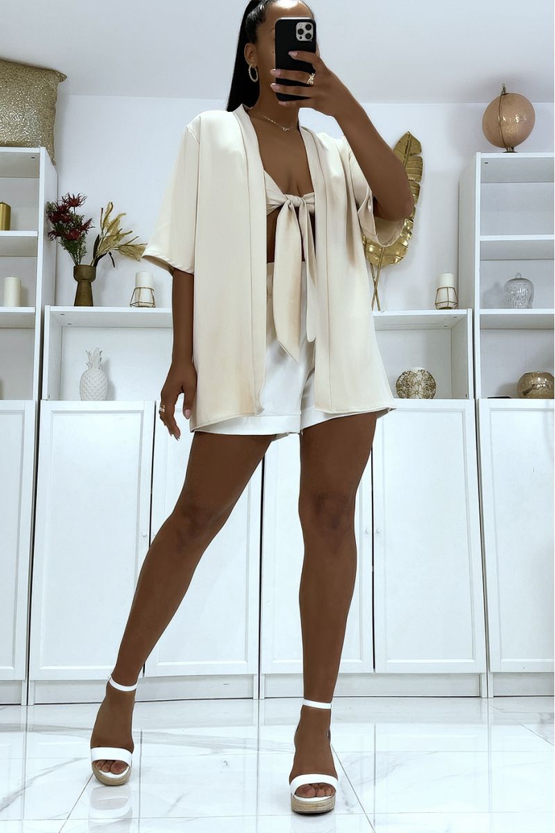2 in 1 beige cardigan with integrated bow headband - 4