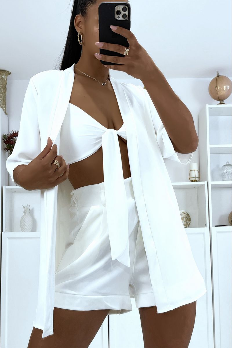 2 in 1 white cardigan with integrated bow headband - 2