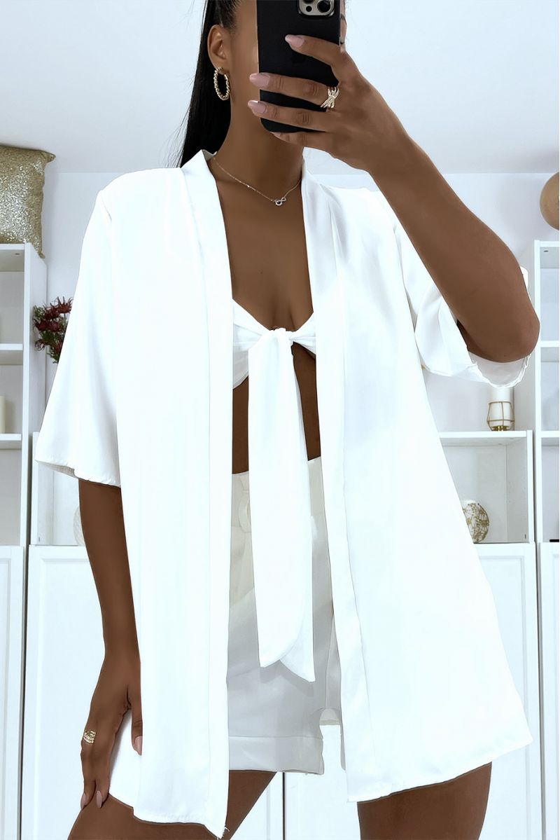 2 in 1 white cardigan with integrated bow headband - 3