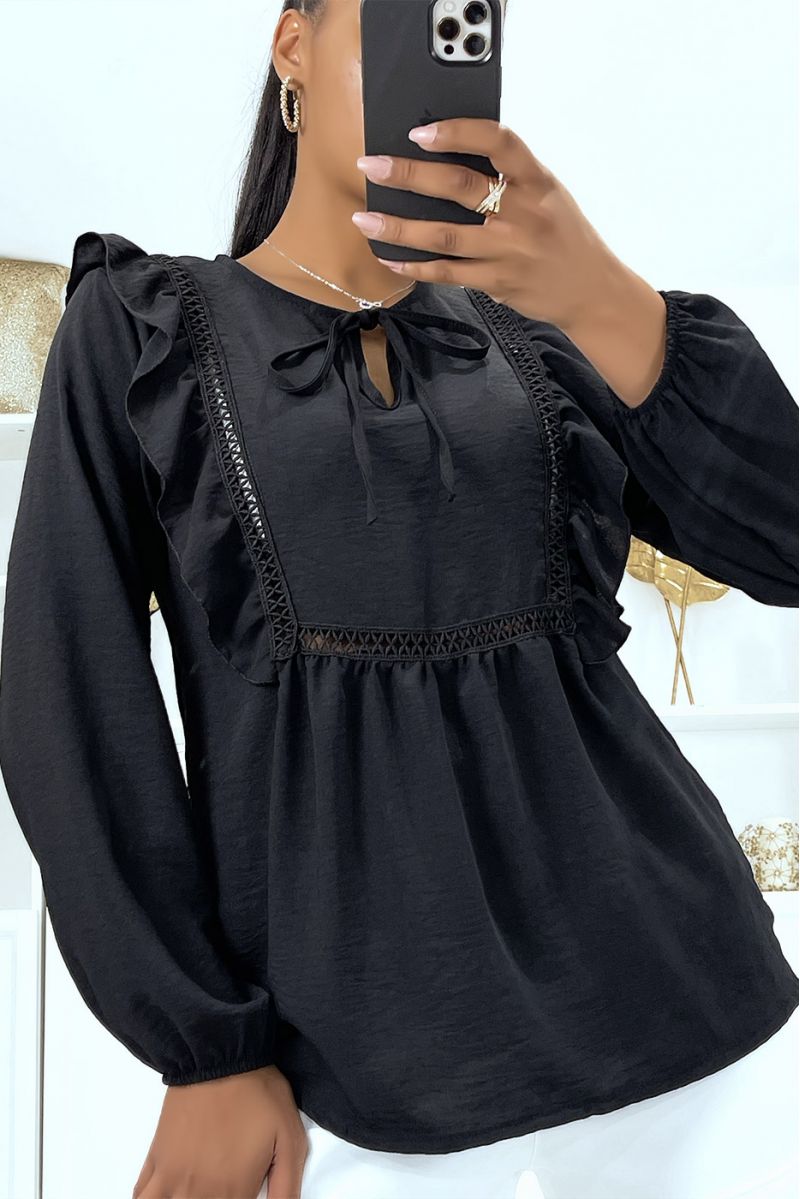 Black round neck blouse with ruffles - 1