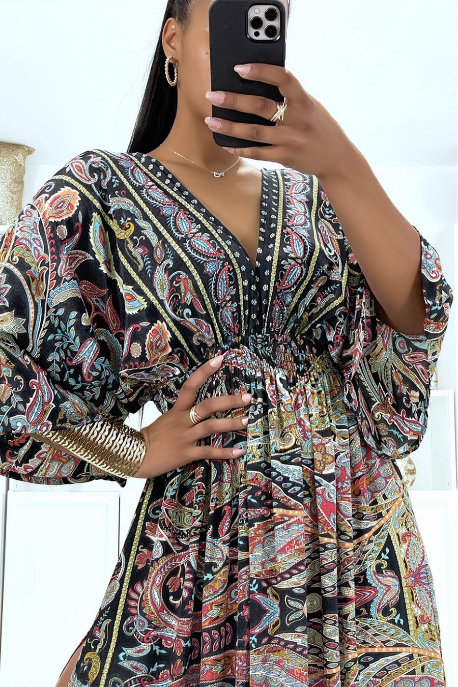 Sublime robe kimono en soie avec joli motif noir  - 4