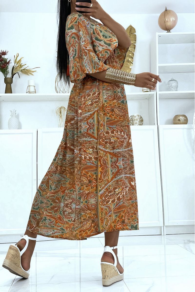 Sublime robe kimono en soie avec joli motif moutarde  - 1