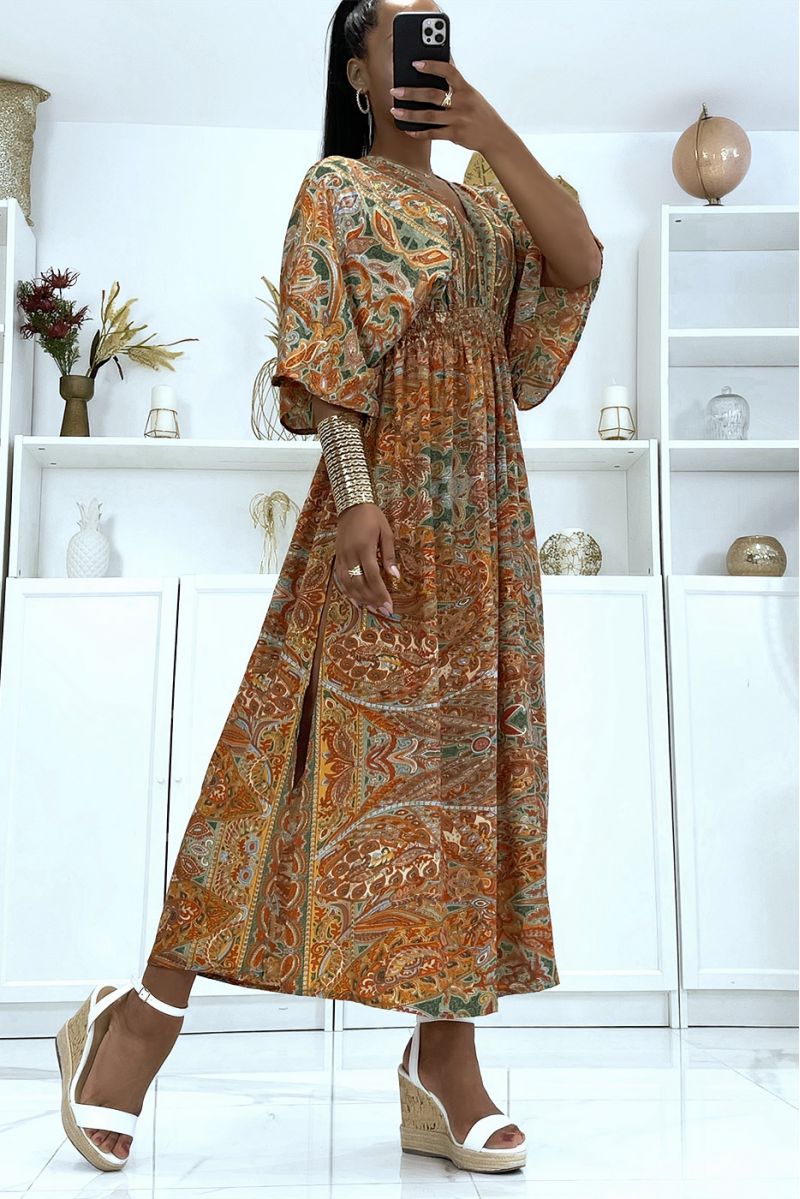 Sublime robe kimono en soie avec joli motif moutarde  - 2