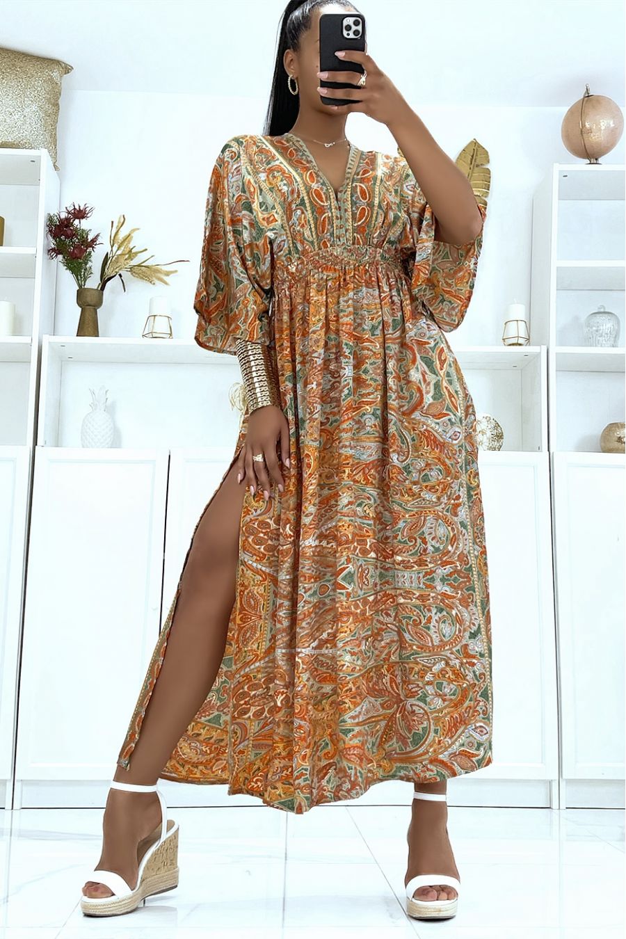 Sublime silk kimono dress with pretty mustard pattern - 3