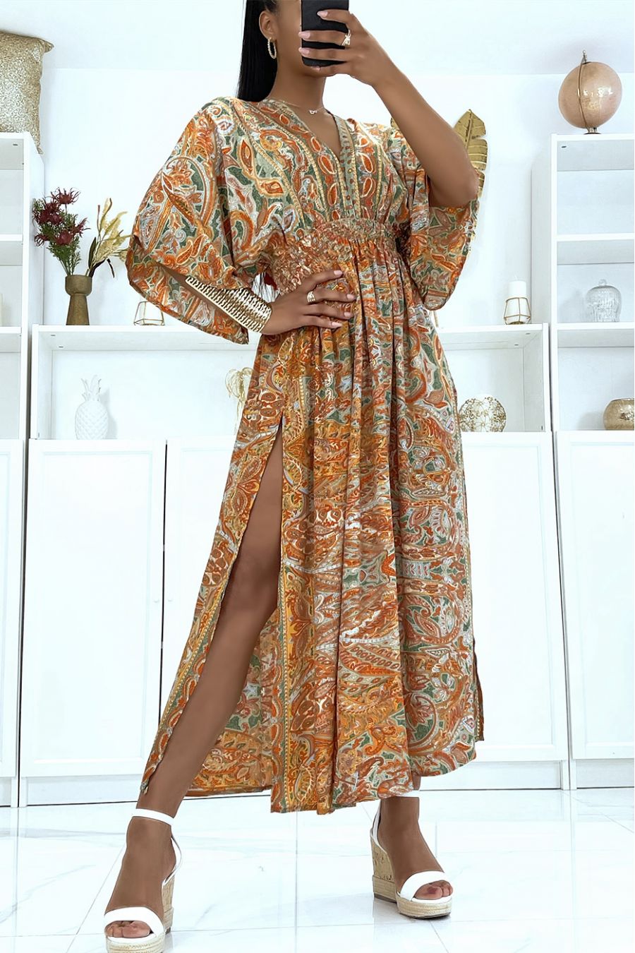 Sublime robe kimono en soie avec joli motif moutarde  - 4