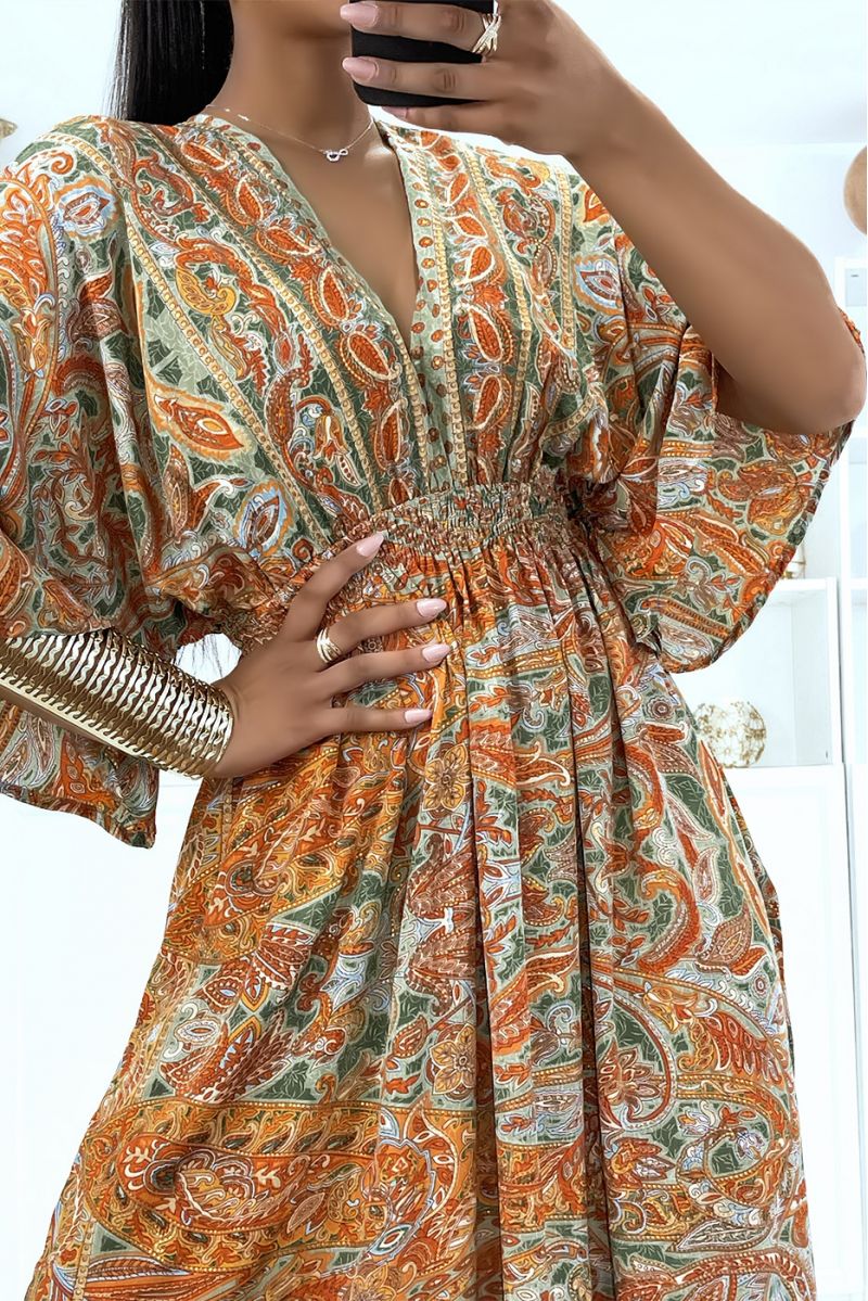 Sublime robe kimono en soie avec joli motif moutarde  - 5