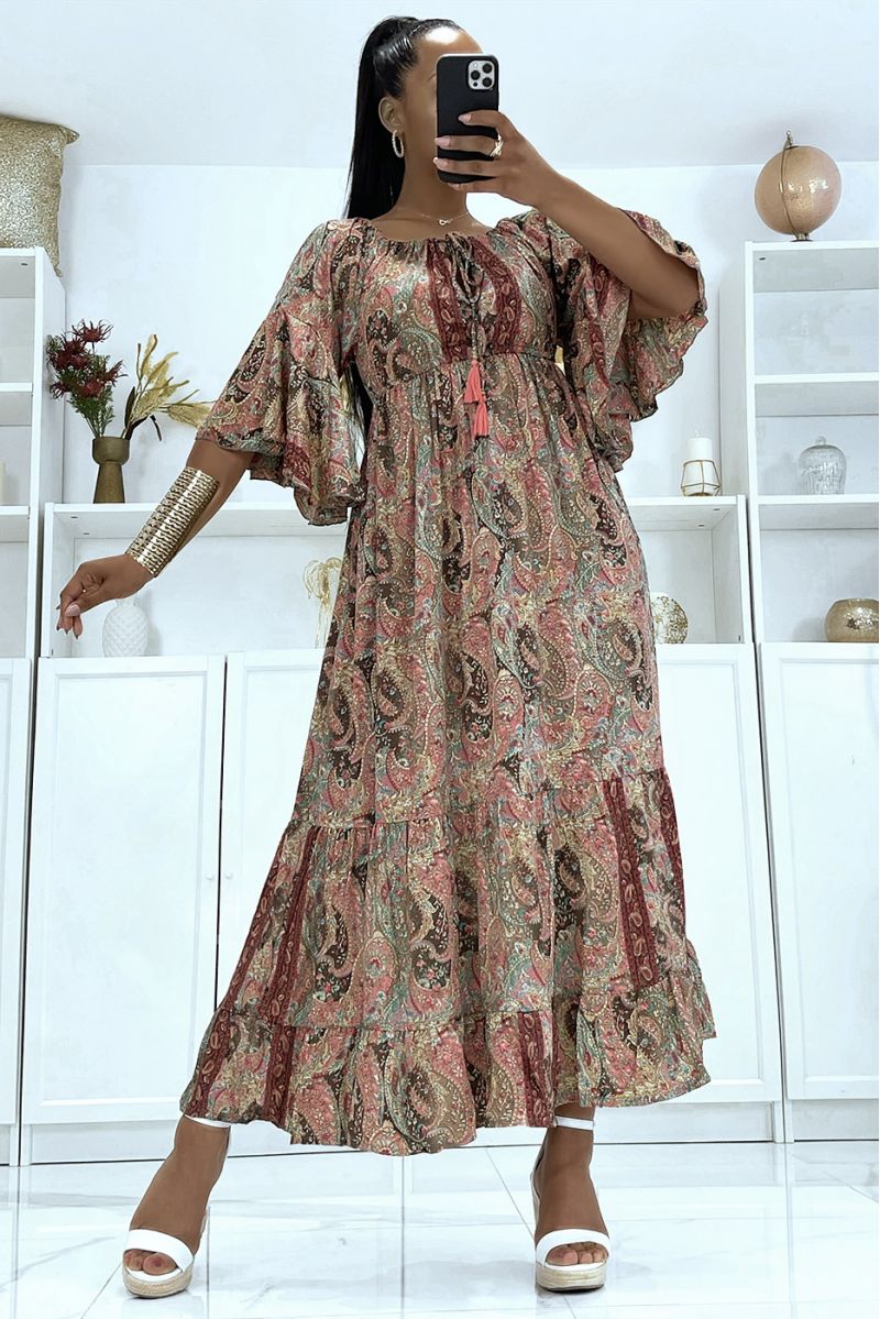 Sublime silk dress with flying sleeves with pretty brown pattern - 1
