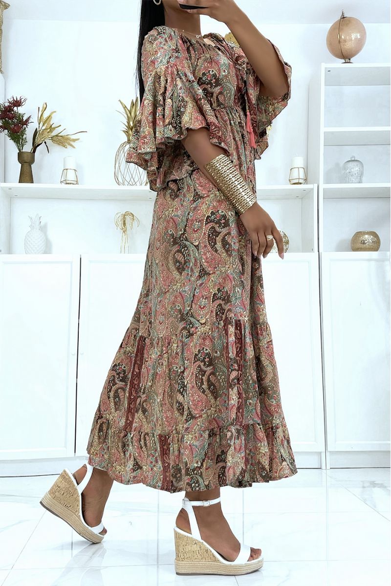 Sublime silk dress with flying sleeves with pretty brown pattern - 3