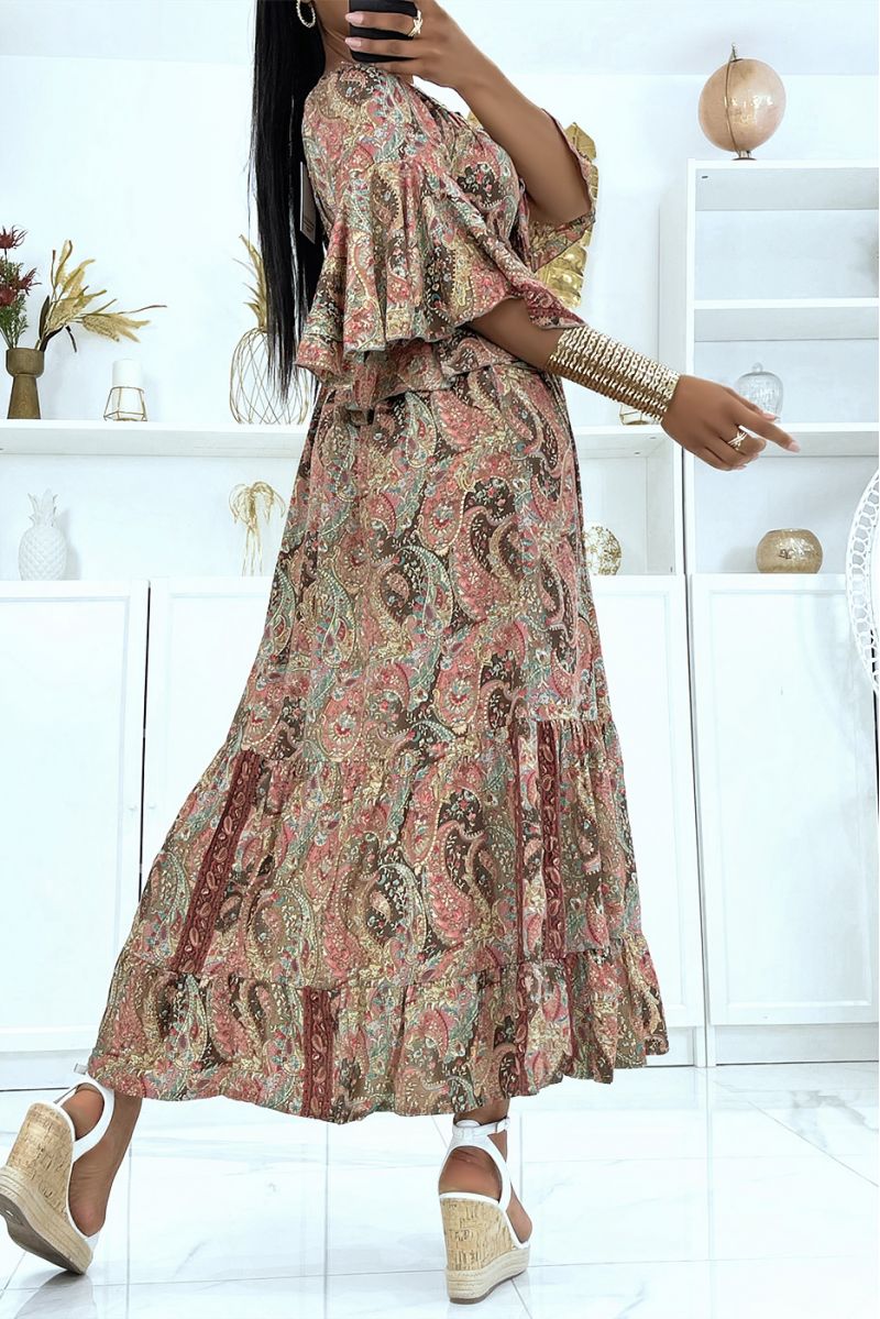Sublime silk dress with flying sleeves with pretty brown pattern - 4