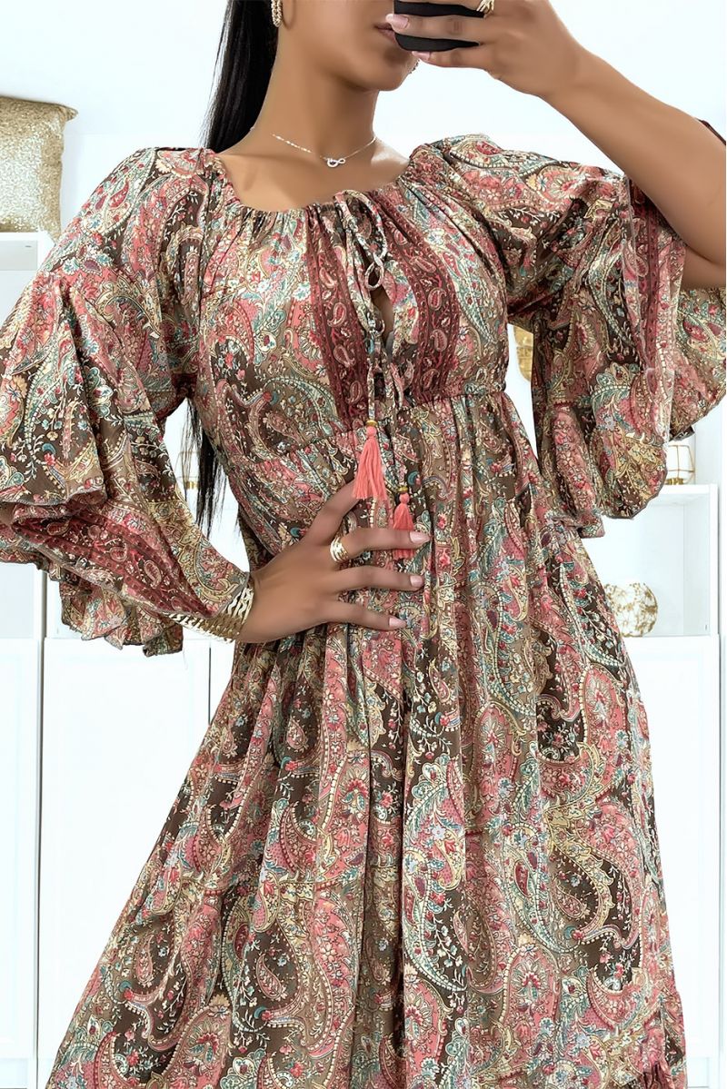 Sublime silk dress with flying sleeves with pretty brown pattern - 5