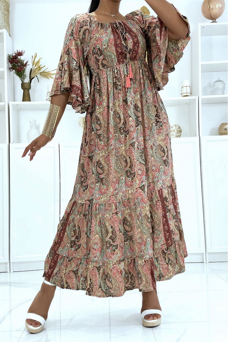 Sublime silk dress with flying sleeves with pretty brown pattern - 6